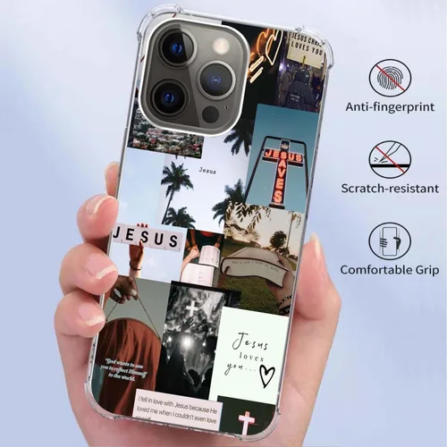 Vista 2 de Funda de teléfono con versículos bíblicos de collage cristiano compatible con iPhone 14 Pro, funda cristiana con citas positivas para adolescentes
