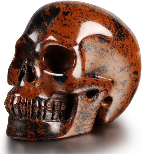 Vista 7 de Skullis Calavera de cristal de obsidiana de caoba de 3.0 pulgadas. Escultura de arte fino de piedra preciosa tallada a mano, estatua de piedra