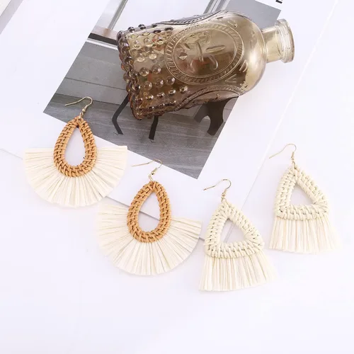Vista 7 de Pendientes de ratán hechos a mano para mujer, tipo borla A de mimbre de paja, pendientes de geometría bohemia