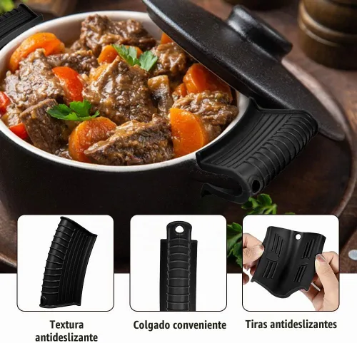 Vista 3 de Mango de asistencia de silicona, cubiertas de mango de sartén caliente, manga de agarre de olla, mangos de sartenes de hierro fundido Negro-2 Pack