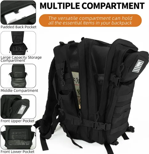 Vista 2 de gracedon Mochila Táctica Militar para Hombres y Mujeres, Mochila de Campamento del Ejército, Mochila de Asalto de 45L para Viajes, Senderismo (Negro)