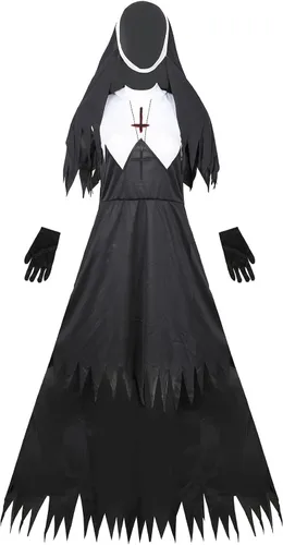 Vista 2 de YAXRO Disfraz de Halloween para mujer, disfraz de monja para mujer, conjunto completo de vestido de terror de Halloween