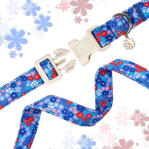 Vista 4 de Collar de perro floral azul, collar floral de algodón ajustable para primavera y verano con colgante de margarita, hebilla de liberación rápida