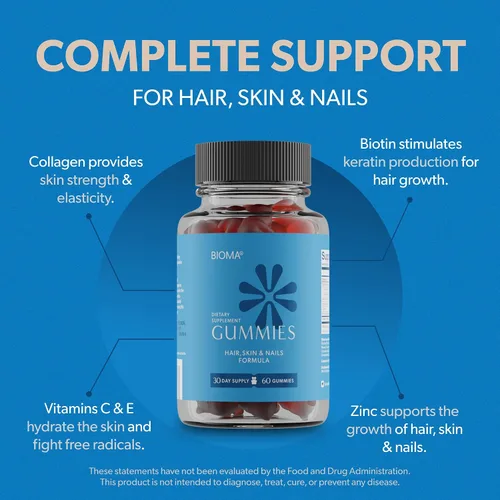 Vista 3 de BIOMA Gomitas de belleza para cabello, piel y uñas, apoya el crecimiento y la fuerza con biotina, colágeno, zinc y vitaminas C y D, sin gluten, 60
