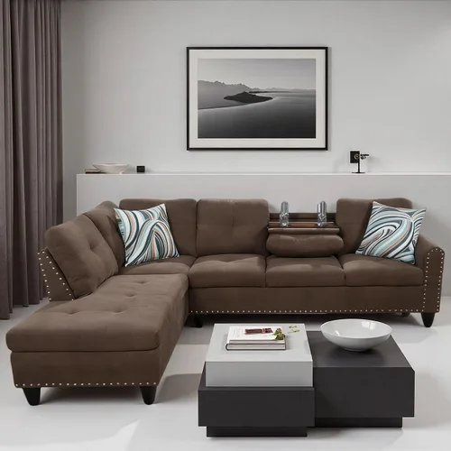 Vista 4 de Sofá Seccional en Forma de L con Portavasos, Juego de Sala de 97 Pulgadas con Chaise, Sofás Seccionales con Ribete de Tachuelas, para Sala de Estar
