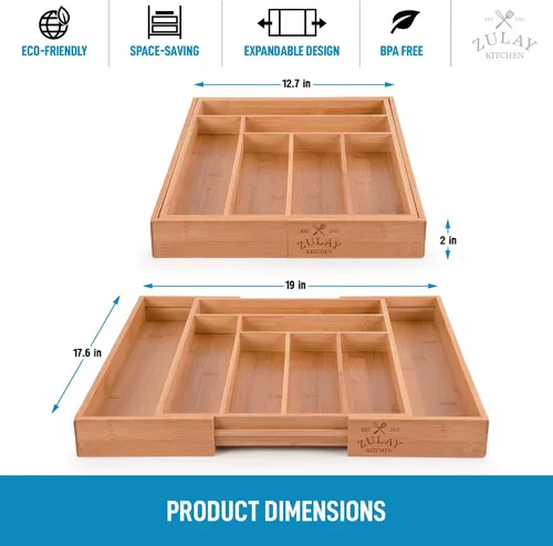 Vista 2 de Zulay - Organizador de cajones de bambú expandible, organizador de cajones de cocina ajustable, organizador de utensilios perfecto para cubiertos