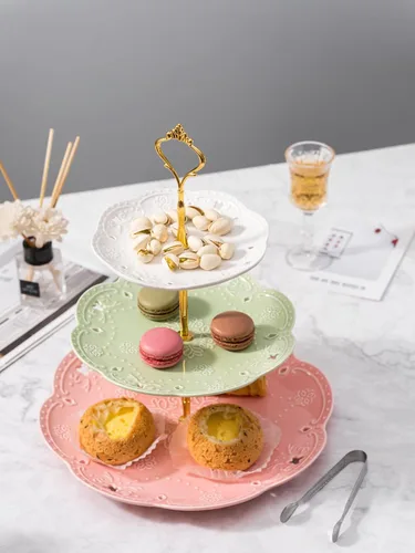 Vista 3 de Jusalpha 3-Tier porcelana china pastel soporte para postres, pasteles, fiesta de té, bandeja de servir, Dorado