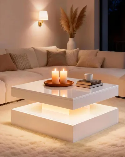 Vista 9 de FKWin Mesa de centro blanca para sala de estar, mesa de centro moderna con luces LED y almacenamiento, mesa central de sala de estar de alta
