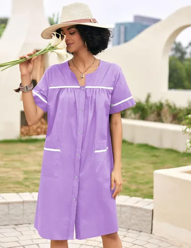 Vista 2 de Ekouaer Ropa de dormir para mujer, camisón frontal a presión, bata de algodón, manga corta, vestido de casa