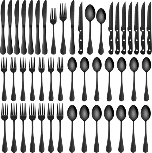 Vista 7 de HaWare Juego de cubiertos negros de 24 piezas con cuchillos para carne, juego de cubiertos de acero inoxidable, juego de cubiertos de grado