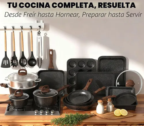Vista 3 de Juego de ollas y sartenes antiadherentes, juego de 31 piezas de batería de cocina y de horneado para inducción, juego de sartenes de cocina