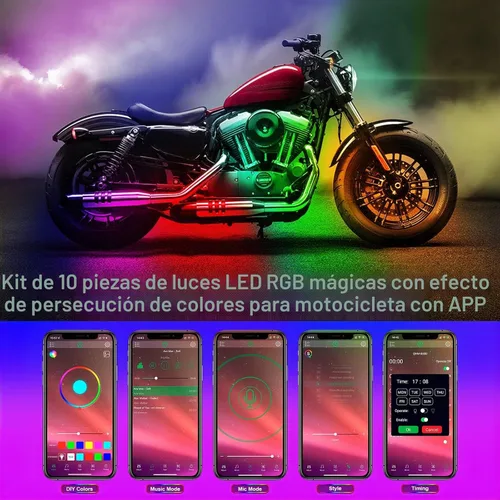 Vista 6 de 10 piezas de kit de luces LED de bajo de motocicleta, tiras de luces LED RGB, kit de luces LED de bajo de motocicleta con control de APP para Harley