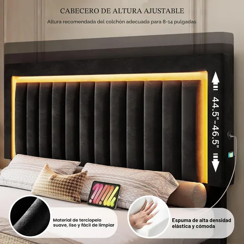 Vista 4 de YITAHOME Base de cama tamaño Queen con cabecera ajustable, 4 cajones de almacenamiento y luces LED RGB, cama de plataforma tapizada de terciopelo