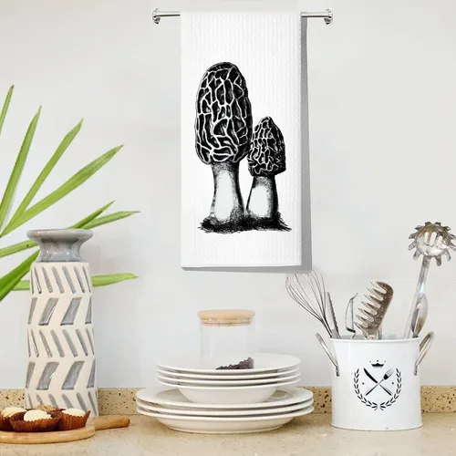 Vista 5 de LEVLO Toalla de cocina de hongos Morel, regalo para cazador de hongos, toalla de té de hongos morel, hongos, foragina, tejido de gofre, decoración
