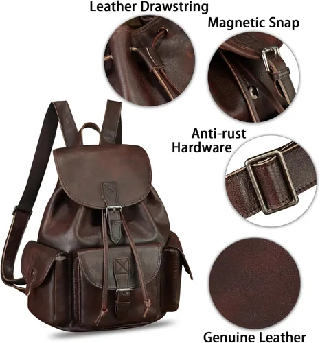 Vista 6 de IVTG Mochila de cuero genuino para hombres y mujeres, mochila vintage de cuero real, mochila de moda de alta capacidad (café)
