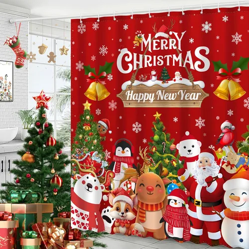 Vista 2 de JWXCBIM - Cortina de ducha de Navidad Feliz Navidad y Feliz Año Nuevo, decoración para el hogar de Papá Noel y muñeco de nieve, cortina de baño