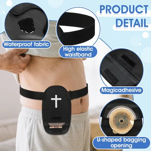 Vista 6 de 2 fundas para bolsa de ostomía con patrón de cruz y cinturón elástico ajustable, reutilizable, impermeable, lavable, bolsa protectora de ostomía