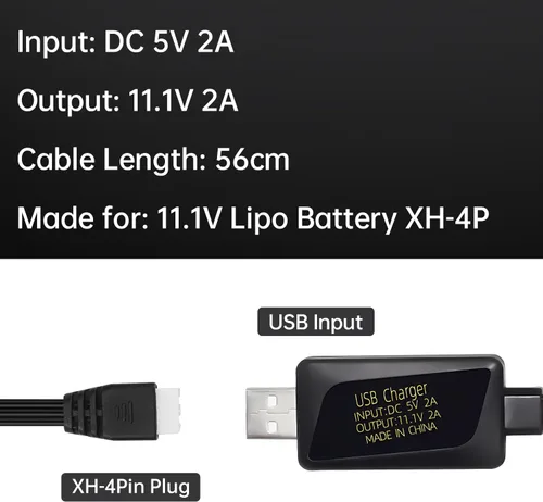 Vista 5 de Cargador USB de 2 piezas 3S 11.1V 2A para coches de control remoto, barcos, drones, pistolas de aire y juguetes a control remoto, cable de carga USB