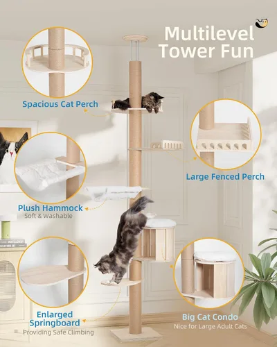 Vista 2 de Aechonow Árbol alto de piso a techo para gatos grandes, torre para gatos con poste rascador, altura ajustable (82-122 pulgadas), cama cueva grande