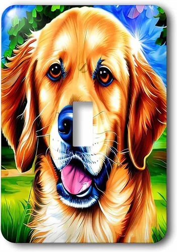 Vista 2 de 3dRose Attractive Golden Retriever dog face. Summer green grass and trees 2 plug outlet cover