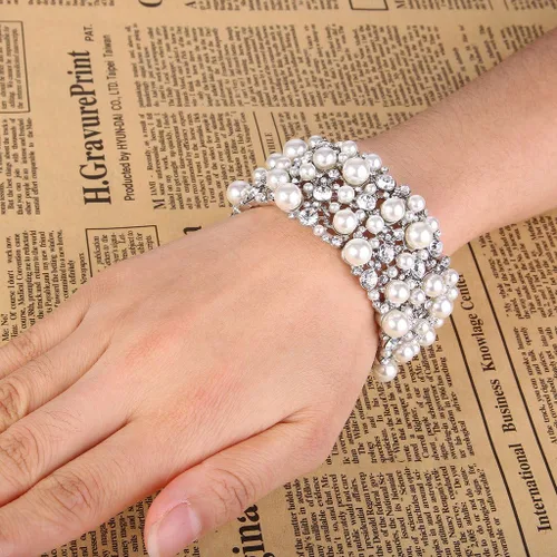 Vista 2 de EVER FAITH - Pulsera elástica para mujer con perlas de imitación de cristal, para novia, boda