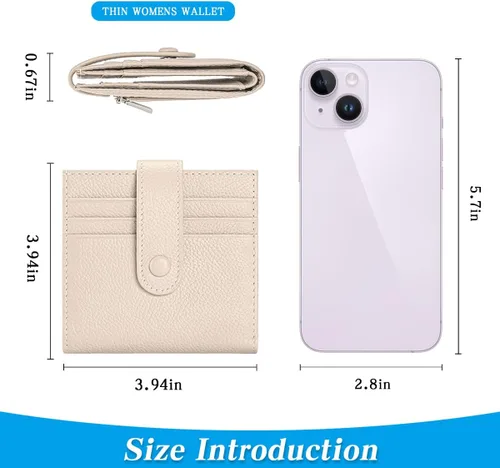 Vista 3 de Cartera delgada para mujer de cuero genuino pequeño plegable titular de la tarjeta de crédito con cremallera moneda bolsa de identificación ventana