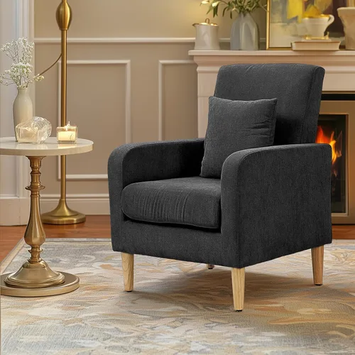 Vista 8 de OS MOTOR Sofá tapizado con almohada, sillón de tela con patas de madera, cómoda silla de descanso para sala de estar, dormitorio u oficina, soporta