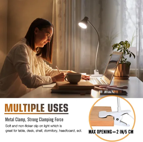 Vista 8 de Lámpara de lectura con clip de CeSunlight, lámpara de abrazadera para escritorio, 3000 – 6500K, temperatura de color ajustable, 6 modos