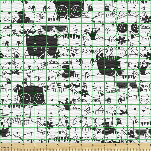 Vista 2 de Lunarable Tela de gato por The Yard, Doodle Kitty Faces Funny Hipster Animal Heads Humor Comic Whiskers Meow Theme, tela decorativa para tapicería
