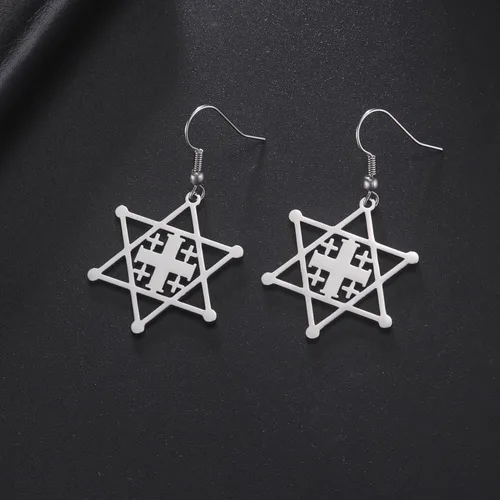Vista 5 de Pendientes colgantes religiosos de acero inoxidable con cruz de Jerusalén y estrella de David