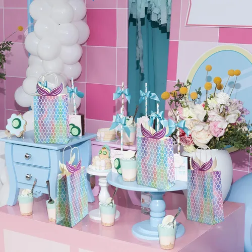 Vista 5 de Chinco 10 bolsas de regalo de sirena, regalos de fiesta, bolsas de dulces con asa, suministros de fiesta de sirena para niñas, cumpleaños, baby