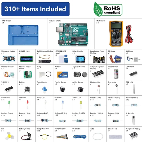 Vista 8 de Kit de iniciación Inventor Lab de SunFounder con placa Arduino Uno R3 REV3 original, multímetro, 34 proyectos, soporte para protoboard RAB, batería