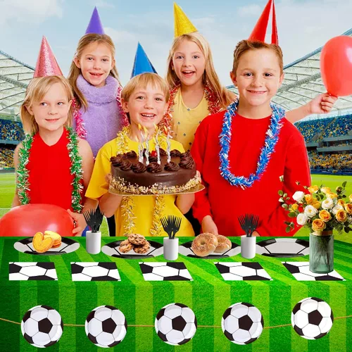 Vista 7 de Paquete de 120 piezas de suministros de fiesta de fútbol, platos de papel, servilletas, tenedores, decoración de cumpleaños para niños para 30