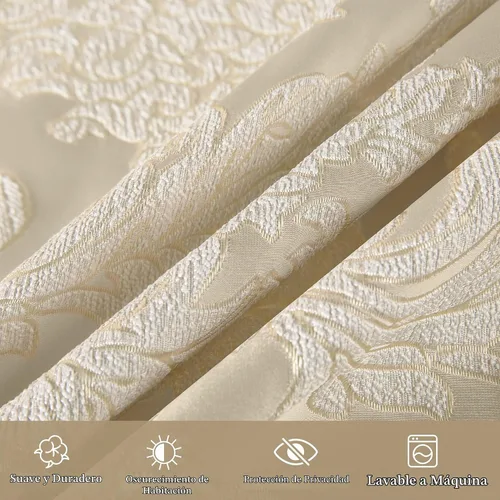 Vista 6 de Loom and Mill - Cortinas de lujo de jacquard para dormitorio, cortinas de damasco beige de 2 paneles con alzapaños, elegante cortina de ventana