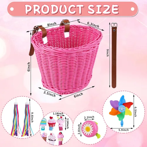 Vista 2 de Cesta de Bicicleta para Niños, Cesta de Bicicleta Desmontable para Niñas con Coloridas Serpentinas de Bicicleta, Campana de Bicicleta, Molinillo