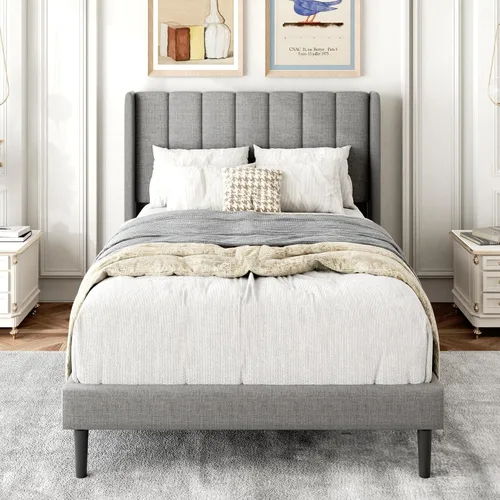Vista 19 de Gruwans Base de cama de tamaño individual con cabecera tapizada con respaldo de ala, plataforma de fácil montaje, soporte de listones de madera,