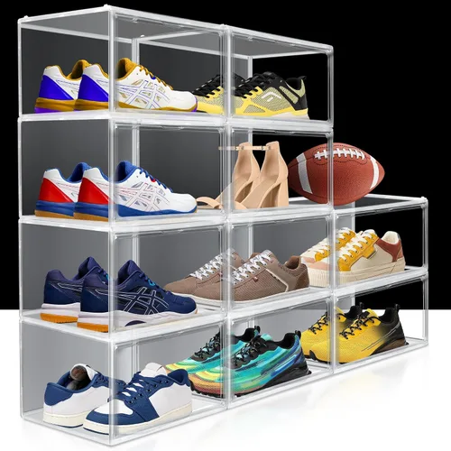 Vista 10 de 1 Pack Clear Shoe Storage Boxes Stackable, Large Sneaker Organizer with Acrylic Magnetic Door, Plastic Drop Front Shoe Containers for Men up to