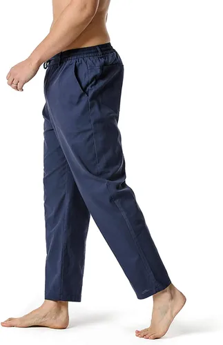 Vista 3 de Pantalones de trabajo para hombre, ligeros, de algodón y lino, para hombre, elásticos, sueltos, casuales, pantalones de cintura para hombre