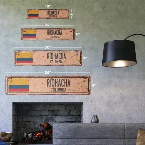 Vista 2 de RIOHACHA - Letrero de calle de aluminio vintage de Colombia, bandera colombiana, ciudad, campo, camino, lata de metal rústico, regalo de pared