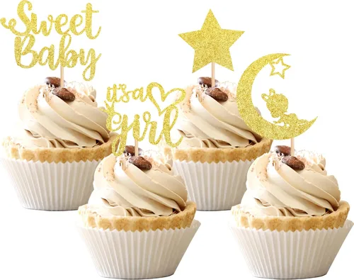 Vista 8 de 36 piezas de decoración para cupcakes con diseño de luna con purpurina de luna y estrella para revelación de género de bebé, baby shower, fiestas