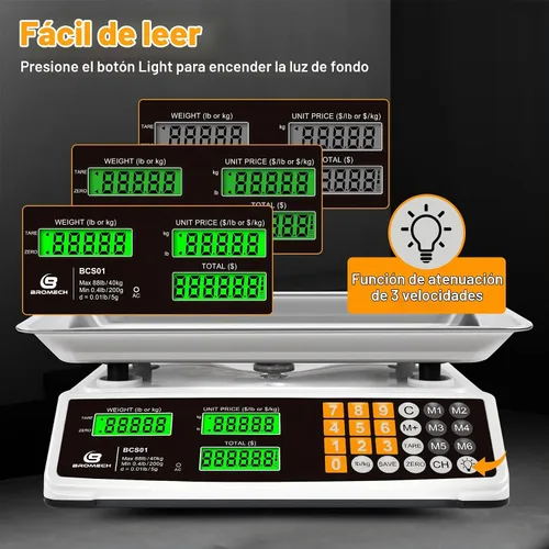 Vista 5 de Báscula de cálculo de precios 88lb/40kg Báscula comercial de alimentos para productos agrícolas y carne con plataforma grande de acero inoxidable