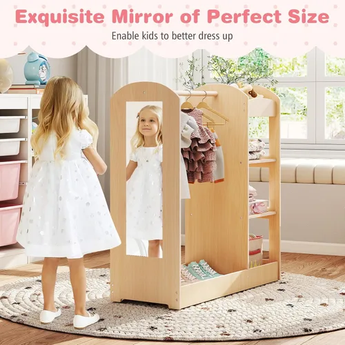 Vista 2 de Costzon Almacenamiento de disfraces para niños con espejo, perchero, estantes de 3 niveles, bandeja inferior, centro organizador de disfraces