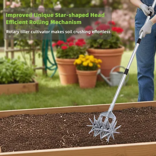 Vista 2 de Cultivador giratorio, herramienta de jardín ajustable con púas de metal sólido desmontables para aflojar y mezclar tierra, cultivador de jardín