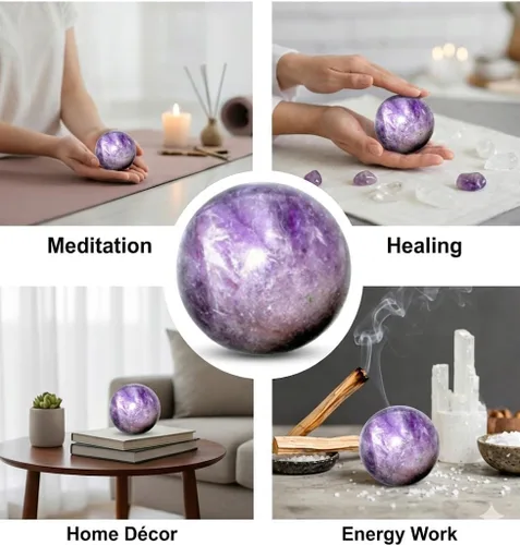 Vista 5 de Bola esférica de cristal de amatista natural Jet de 50 a 2.165 in Piedra curativa para energía positiva, meditación, reiki, equilibrio de chakras