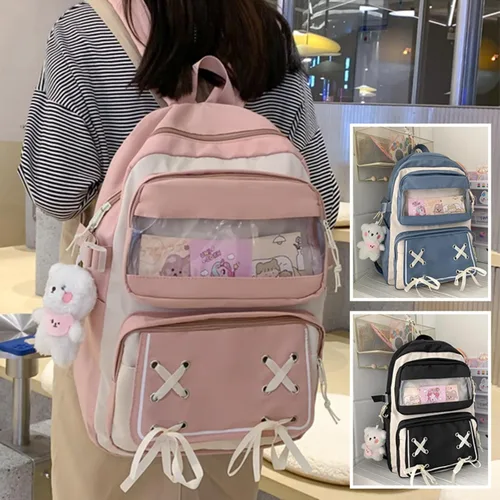 Vista 2 de Mochila Kawaii con bonitos accesorios para portátil de 15.6 pulgadas, mochila de viaje casual, bolsa estética para regalo de nuevo semestre, 01-rosa