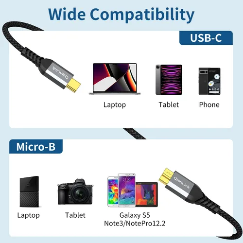 Vista 6 de QianLink - Cable de disco duro micro B a USB C de 10 Gbps (1.6 pies), USB C a cable de disco duro externo para Seagate WD, Toshiba, Westgate