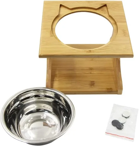 Vista 5 de Tazones para gatos y mascotas, mesa de comedor con pendiente elevada, soporte de madera elevado para mascotas con soporte oblicuo para una Acero