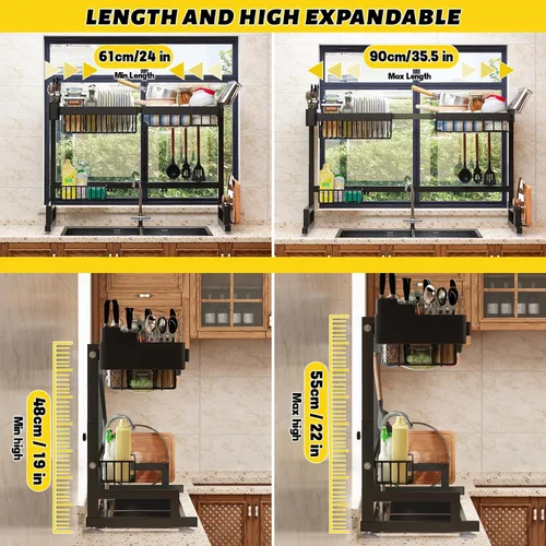 Vista 7 de ilvvan Escurridor de Platos Sobre el Fregadero (Altura/Longitud Expandible) Diseño de Enganche Gran Escurridor de Platos Organizador de Mostrador