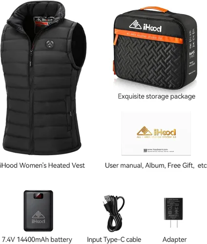Vista 8 de iHood Chaleco térmico para mujer con paquete de batería, chaleco térmico para mujer con capucha retráctil térmica, lavable con calefacción