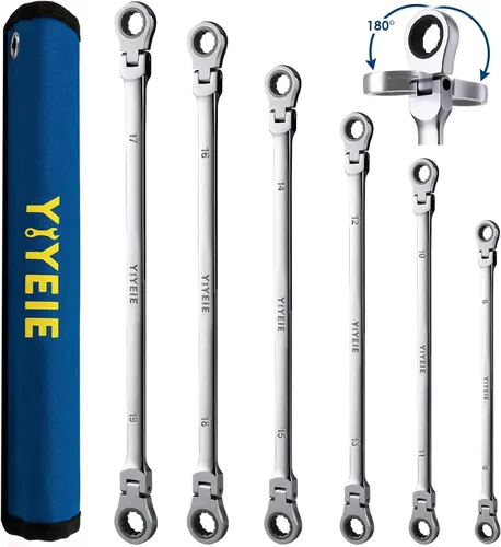 Vista 10 de Juego de llaves de trinquete extra largas con cabeza flexible, SAE 1/4" a 13/16", 5 piezas de llaves de trinquete de doble caja de mango largo, 72